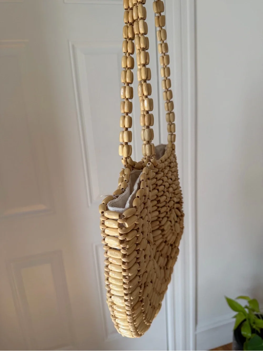Beige Woven Semi-Circle Wood Tote Bag - Women - Picture 4 of 5